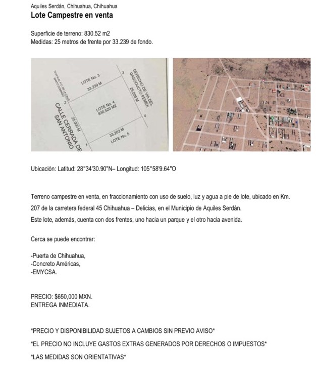 Terreno Campestre, Praderas de San Antonio, Carre Chih - Delicias. por planta de Pemex